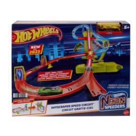 Hot Wheels Track Set, Neon Speeders Skyscraper Speed Circuit with 1 Hot Wheels C