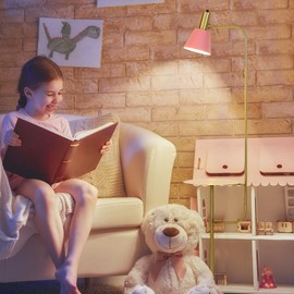 Hsyile Contemporary Modern Creative Floor Lamp with a Table,Suitable for Living Room,Den,Office,Bedroom - Standing Lamp Tall Floor Lamp - Brushed Brass Finish and Pink Lampshade