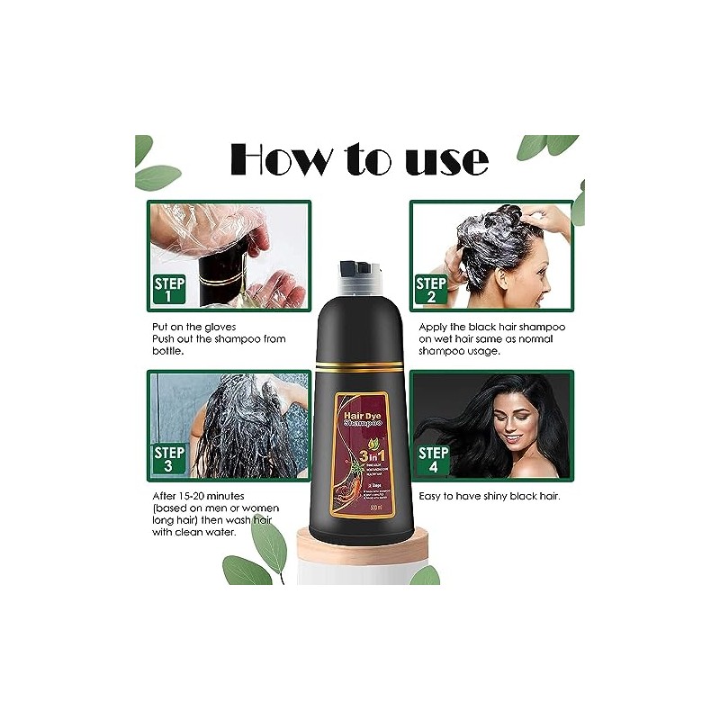 Black Instant Hair Color Shampoo for Gray Hair, 3 In