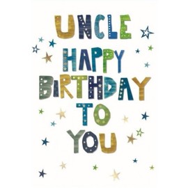 Uncle Birthday Card - Blue Green Brown Writing & Stars with Gold Foil 7.75x5.25"