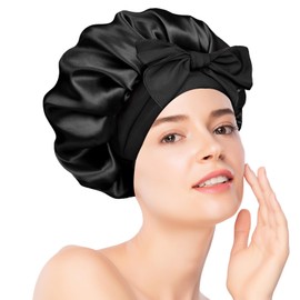 Satin Bonnet Silk Sleep Bonnets for Women Adjustable Satin Silk Bonnets Soft Elastic Band Night Hair Sleep Cap Hair Bonnet with Tie Band for Women Girls Long Straight Curly Hair Braid Black
