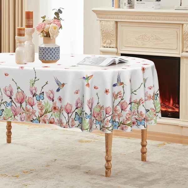 Horaldaily Spring Tablecloth 60×84 Inch Oval, Hummingbird Butterfly Flower Washable