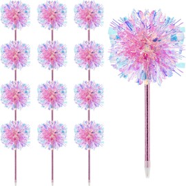 Crtiin 12 Pcs Pom Pom Pens Foil Firework Ballpoint Pens Glitter Sparkly Pen Bulk Birthday Party Favor Goodie Bag Stuffer Classroom Back School Teacher Supplies Wedding Decoration Gift (Pink)
