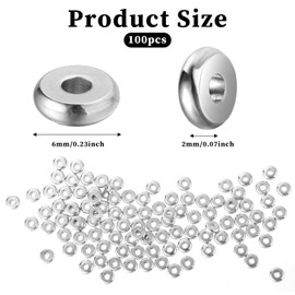 100 Pcs Flat Disc Spacer Beads Silver Beads with Hole Stainless Steel Spacer Beads Plated Round Loose Charm Caps Beads for DIY Jewelry Making Bracelet Necklace Crafting (6mm)