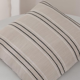 XIEJINJIA Boho Set of 2 Cushion Cover Striped Linen Decorative Farmhouse Garden Pillowcase Throw Pillow Covers for Couch Sofa Bed Living Room 45x45 cm 18x18 inch Black Beige