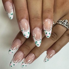 Press on Nails Almond Medium Fake Nails White French Tip Nails Press ons Glossy Glue on Nails Nude False Nails with Flower Designs Cute Acrylic Nails Artificial Stick on Nails for Women 24 Pcs