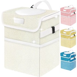BAOGCOYO Cute Mini Car Trash Bag with Lid, Glitter Garbage Can Bin Hanging for Back/Front Seat/Console, Waterproof, Leakproof, 2.5 Gallon, Beige Cream Bling Sparkly