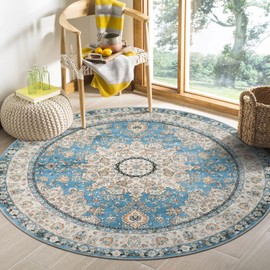 Lahome Oriental Floral Medallion Round Rug - 4Ft Blue Vintage Round Kitchen Area Rug, Soft Non-Slip Washable Coffee Table Mat Indoor Accent Laundry Room Carpet for Classroom Entrance Office