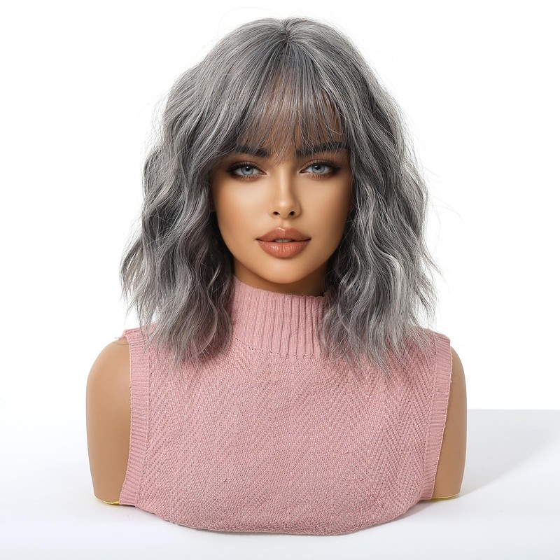 Short Grey Wavy Wigs for Women Natural Synthetic Wig with