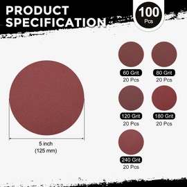 Kozelo 100er Pack Schleifscheiben-Set 125 mm 5 Zoll 60/80/120/180/240 Körnung Klett- und Schleifpapier für Trockenbauschleifer Holz Metall