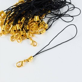 紗や工房 カニカン付き携帯ストラップ黒×ゴールド金/約50本