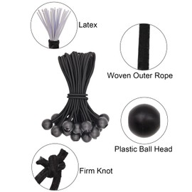 Tarpaulin Bungee Balls 6 Inch - 25 Pcs Bungee Cord with Balls Waterproof, Small Bungee Cords Heavy Duty, Short Elastic Flag Bungees, Tie-Down, Adjustable Bungee Straps (Black)