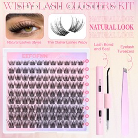 Wispy Lash Clusters Kit Natural Cluster Eyelash Extensions Kit C-Curly Eyelash Clusters Kit 8-16mm Wispy Individual Lashes Bond and Seal Tweezers Eyelash Extension Kit DIY Lash Extensions by Eefofnn