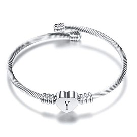MiiFort Women's Initial Name Silver Cuff Bangle Letter Y Bracelet Love Heart Stainless Steel Family Sister Daughter Granddaughter Birthday