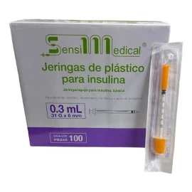 100 Jeringas Para Insulina Sensimedical 31g X 6mm 0.3ml Capacidad en volumen 3mL