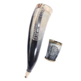 CONTINENTAL CART Viking Drinking Ox Horn Mug Set with Brass Tip & 1 Shot Glass, Natural Shine Finish Norse Runes Mead Cup, Vintage Engraved Medieval Beer Stein Gift for Men & Women (15 Inches-12 Oz)