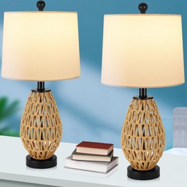 TPAMSWO Coastal Table Lamps Set of 2, Retro Rattan woven 24" Bedside Lamp, for Bedroom Living Room Home Office Desk Nightstand Table Lamp