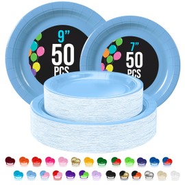 Exquisite Light Blue Paper Plates Disposable 100 Pcs Plates Set 50-7" & 50-9" Light Blue Disposable Plates Paper Plates For Party Plates Disposable Heavy Duty Light Blue Plates Disposable For Party