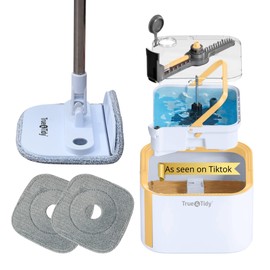 True & Tidy® TrueClean Spin Mop 2.0 w/Detachable Inner Bucket, Self Standing, Separates Clean and Dirty Water, Foldable Square Mop Head, Triple Jet Stream w/Hidden Brush, Replaceable 2pc Pads