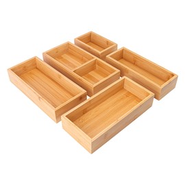 Geytetqi Premium Bamboo Drawer Organizer Set - 5 PCS Multi-Purpose Drawer Organizer Bamboo Boxes, Junk Drawer Organizer, Wood Drawer Organizers for Office, Kitchen, Makeup, Jewelry Storage