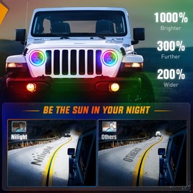 Nilight 7 Inch RGB LED Headlight w/Turn Signal Amber Light APP Remote Control High Low Beam 7” LED Headlight Compatible with 2007 2008 2009 2010 2011 2012 2013 2014 2015 2016 2017 2018 Wrangler JK JKU