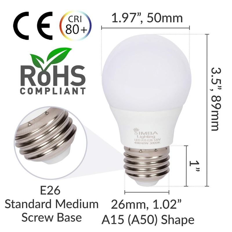 Simba Lighting LED A15 Refrigerator Light Bulbs (6-Pack) 4W 40W