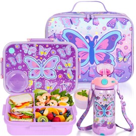 PinkSheep Kids Bento Lunch Box Set with 1200 ml Leak-Proof Lunch Containers with 3 Compartments, 22oz BPA-Free Water Bottle, Insulated Lunch Bag for School Kids Girls Boys