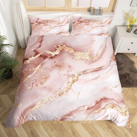 Juego de ropa de cama de mármol para niñas, funda de edredón con patrón de mármol rosa pastel y dorado para niños, con líneas agrietadas con purpurina dorada, colorida, funda de edredón de arte