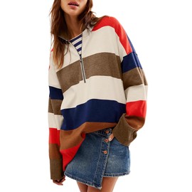Yousify Oversized Sweaters for Women Half Zipper Cable Knit Striped Sweater Fall Winter Pullover Tops Coffee S