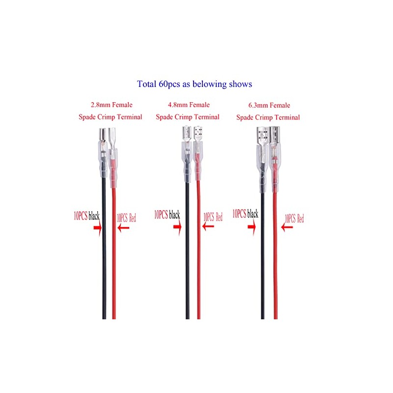60Pcs 2.8mm 4.8mm and 6.3mm Female Spade Crimp Terminal with