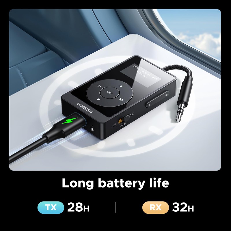 UGREEN Bluetooth 5.3 Transmitter Receiver with aptX, 32H Long Playtime,