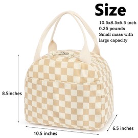 Lrenagao Lunch Box for Women Girls, Kids Corduroy Lunch Bags Large Capacity Reusable Insulated Lunch Tote Bag for Work Picnic or Travel (Beige Checkered)