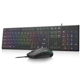 cimetech KB17 Rainbow Backlit Wired Keyboard and Mouse Combo,Optical Mouse,USB,Silent and Ergonomic Full Size Corded Cmputer Keyboard and Mouse for Laptop/PC/Notebook/Windows/Working and Gaming