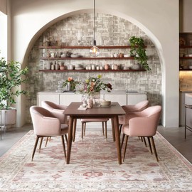 ANSSO 5x7 Area Rug for Living Room, Machine Washable Low Pile Rugs, Non-Slip Backing Vintage Carpet for Bedroom, Dining Room, Home Office Decor Blush Pink