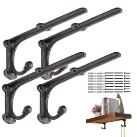 ChasBete Rustic Shelf Brackets 8 Inch Shelving Brackets, Black Shelf Bracket with Hook, Heavy Duty Wall Floating Shelf Bracket, 4 Pack
