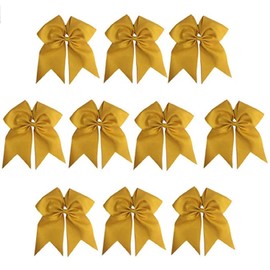 Kenz Laurenz 7" Jumbo Cheer Bow Big Hair Bows with Ponytail Holder Large Classic Accessories for Teens Women Girls Softball Cheerleader Sports Elastics Ties Handmade (Golden)
