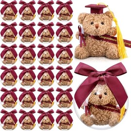 75 Pcs 2026 Mini Graduation Bear Bulk Set with 25 Graduation Gift Mini Stuffed Bears 25 Clear Plastic Fillable Ornament Balls and 25 Bow 2026 Party Favors(Claret)