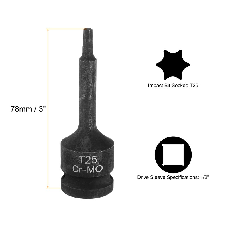 sourcing map T25 Torx Bit Socket 1/2" Drive 6 Point