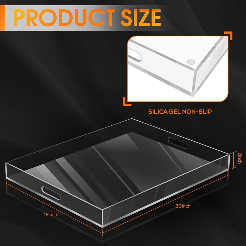 MAONAME Acrylic Serving Tray with Handles, 20"x16" Rectangular Clear Tray,