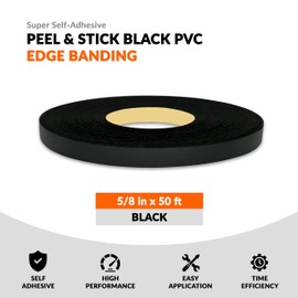 Black PVC 5/8 inch x 50 ft Edge Banding Peel and Stick Strong Adhesive Edging Trim Flexible and Durable Veneer for Wood Cabinate Laminate Shelf Restoration