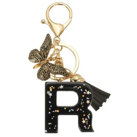 [PATIKIL] Alphabet Initial Letter Key Chain Tassel Butterfly Letter R Pendant Decoration Resin Cute Key Chain for Women Key Purse Handbag Bag Accessories Black, Black
