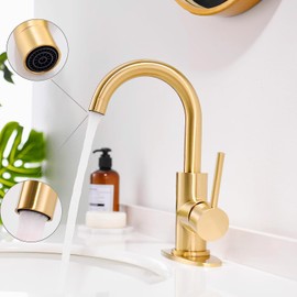 FROPO Gold Bathroom Faucets - Single Hole Waterfall Bathroom Sink Faucet with Drain Assembly, Brushed Gold Waterfall Bathroom Faucet 360° Swivel Spout Vanity Faucet Single Handle Lavatory Sink Faucet
