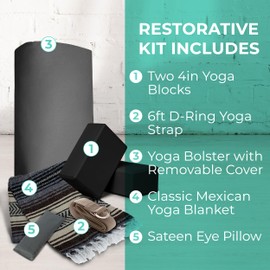 Mount Adams 6-Piece Restorative Yoga Kit - Zippered Bolster (24x10x5), Blocks (4x6x9), 6ft Strap, Mexican Blanket, Eye Pillow - Mocha