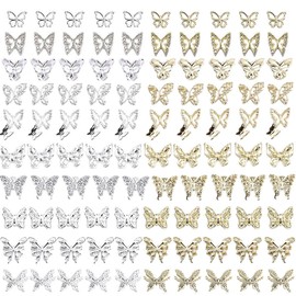 KACHIMOO Butterfly Nail Charms, 100 PCS 3D Nail Butterfly Charms for Women Nail Art Design in Silver & Gold