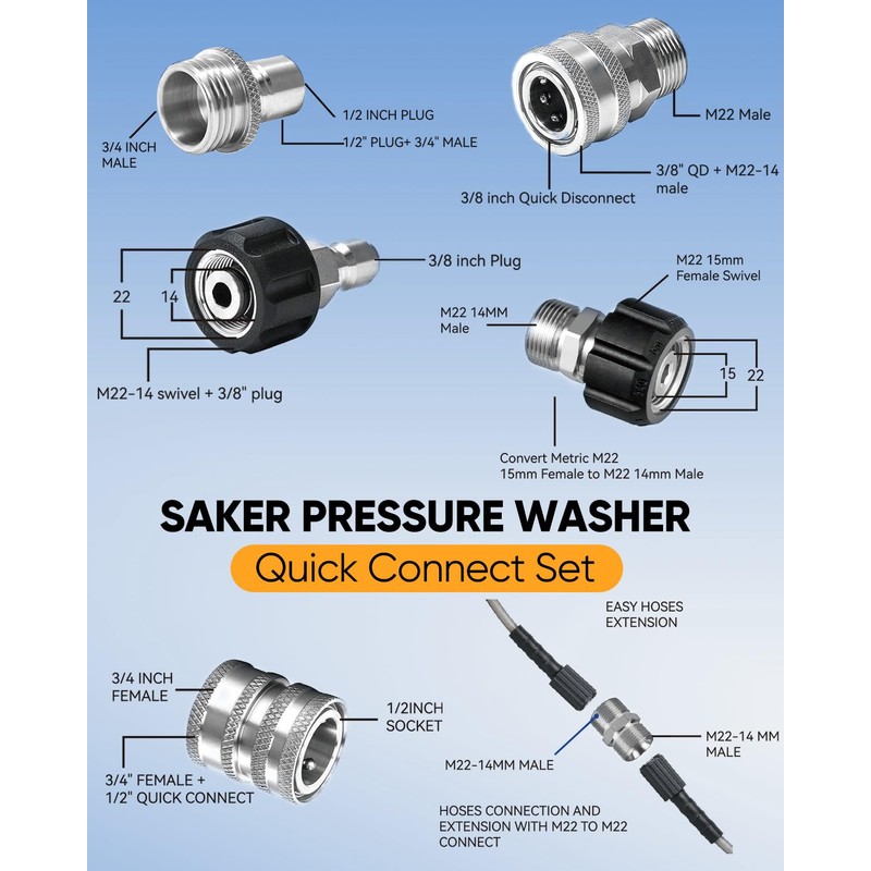 Saker Pressure Washer Hose Connector Set 10 PCS,Hose Adapter Set,Pressure
