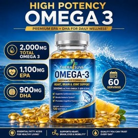 TheraSuva Omega-3 de triple potencia 2160 mg  EPA 1296 mg  DHA 864 mg  Suplemento natural para un corazón y cerebro saludables, 120 cápsulas blandas,