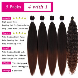 Brown Ombre Braiding Hair Pre Stretched with Boho Braids 1b/30 Curly Deep Ocean Wave Crochet Hair Natural Color Synthetic Knotless Boho Braiding Hair for Bohemian Braids 5 Packs