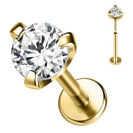 SYLWIA 14K Real Gold Lip Rings Stud, 16g Threadless Push in Ashley Piercing Lip Jewelry, Diamond CZ - 2mm 2.5mm 3mm, 18g Nose Conch Helix Tragus Labret Stud for Women Men (18g/L:10mm/CZ:3mm)