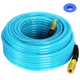 FYPower Air Compressor Hose 1/4 Inch x 100 Feet Reinforced Polyurethane (PU) Air Hose with Fittings, Bend Restrictors, 1/4" Industrial Quick Coupler and Plug Kit, Blue