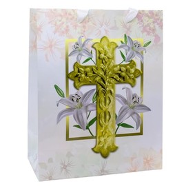 10" Gift Bag with Cross and Lilly Design | Includes Tissue Paper and Gift Tag | Great Gift Wrap for Christian Occasions | Baptism, First Holy Communion, Confirmation